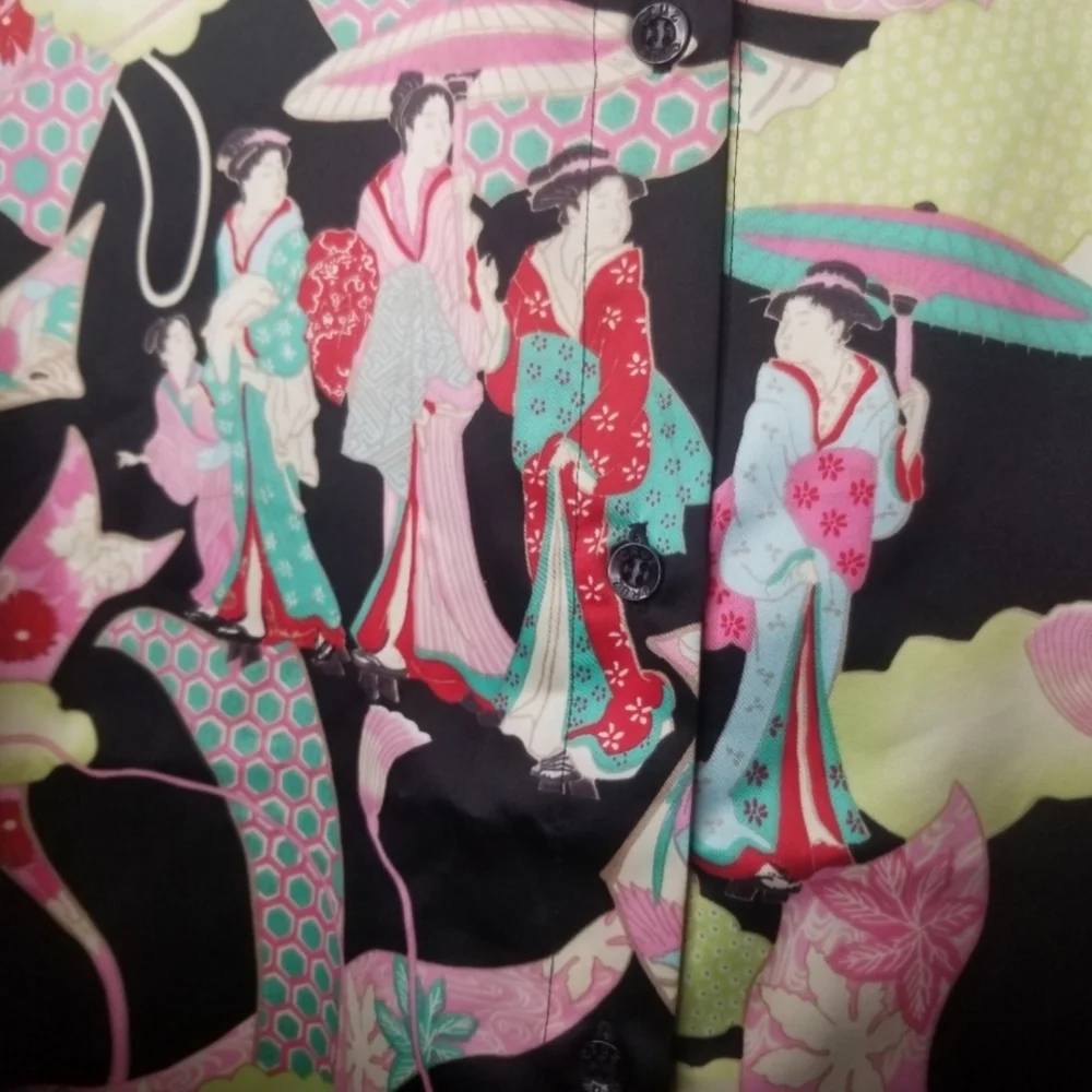 Cruz Wear by Natori Japanese print satin blouse button front Wmn's Size S - Picture 4 of 6